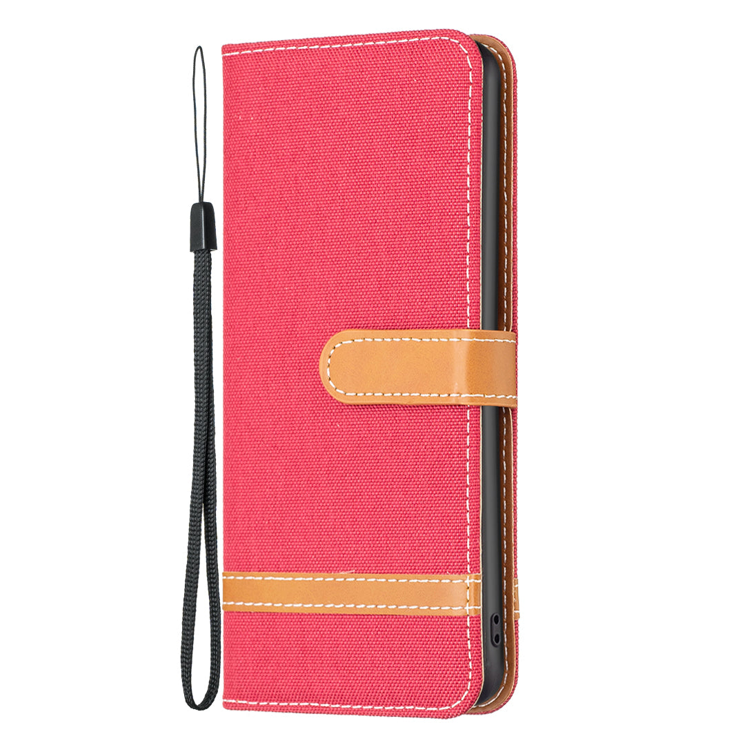 Uniqkart for iPhone 15 Jeans Cloth Splicing PU Leather + TPU Phone Case Wallet Stand Anti-scratch Cover - Red Uniqkart for iPhone 15 Jeans Cloth Splicing PU Leather + TPU Phone Case Wallet Stand Anti-scratch Cover - Red